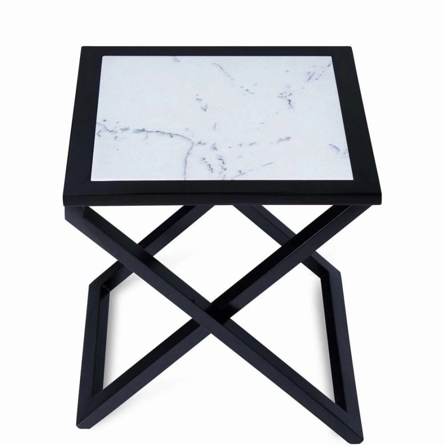 Home Goods * | Top 10 Gracewood Hollow Kikic Natural Marble And Black Solid Wood X-End Accent Table