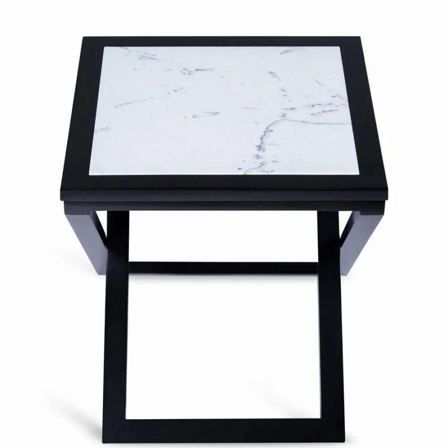 Home Goods * | Top 10 Gracewood Hollow Kikic Natural Marble And Black Solid Wood X-End Accent Table