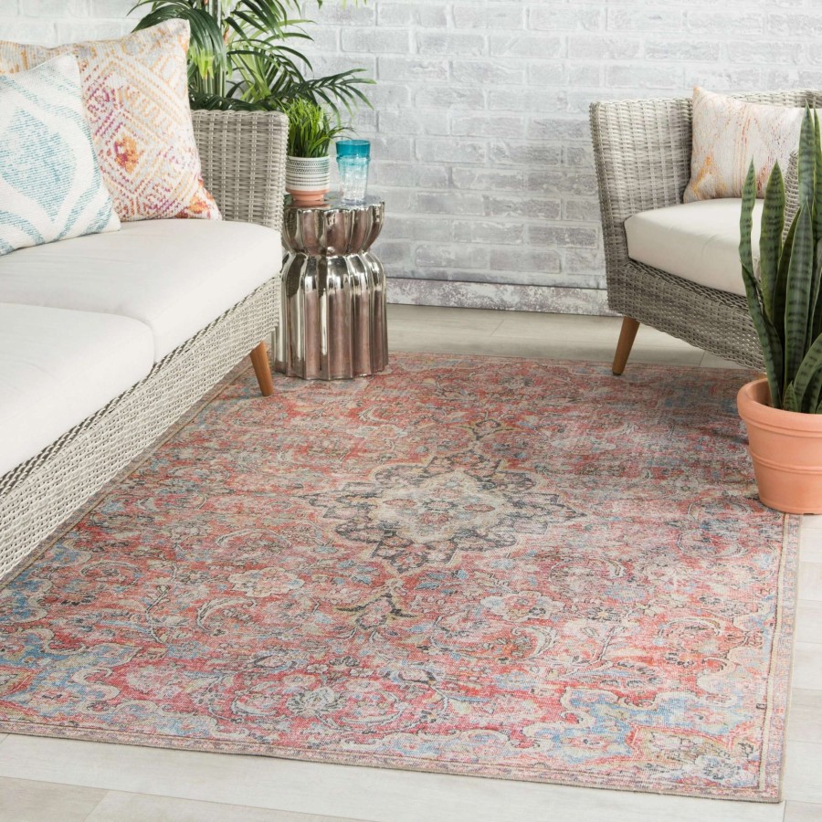 Home Goods * | Wholesale Gracewood Hollow Eddo Indoor/Outdoor Red And Light Blue Medallion Area Rug