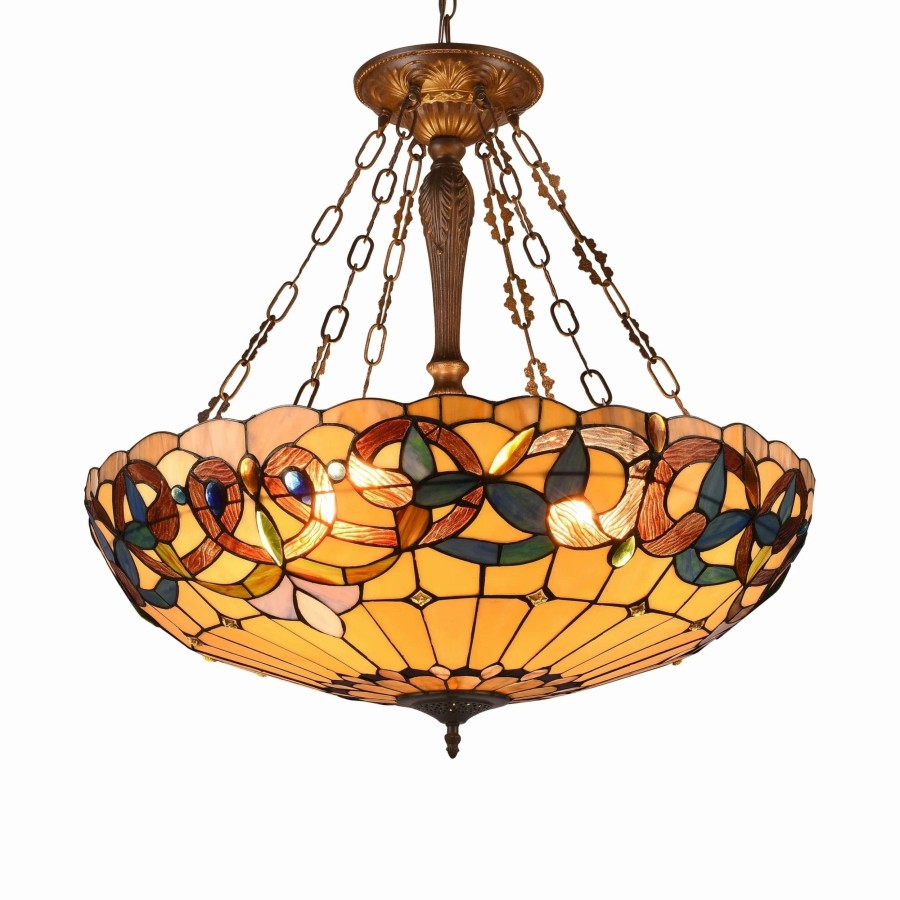 Lighting & Ceiling Fans * | Buy Gracewood Hollow Tchichelle 4-Light Stained Glass And Antique Dark Bronze Inverted Pendant Multi-Color/Dark Anti-Bronze