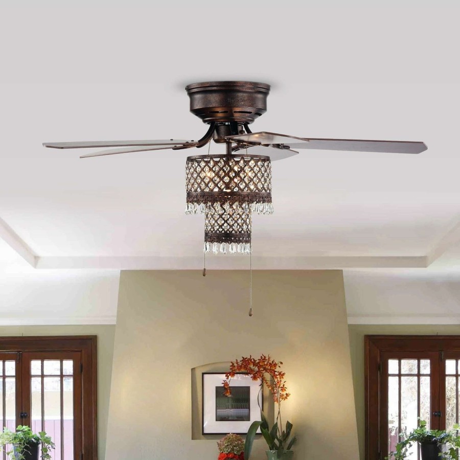 Lighting & Ceiling Fans * | Cheap Gracewood Hollow Huo 52-Inch Rustic Bronze Lighted Flush Mount Ceiling Fan With Crystal Drum Shade