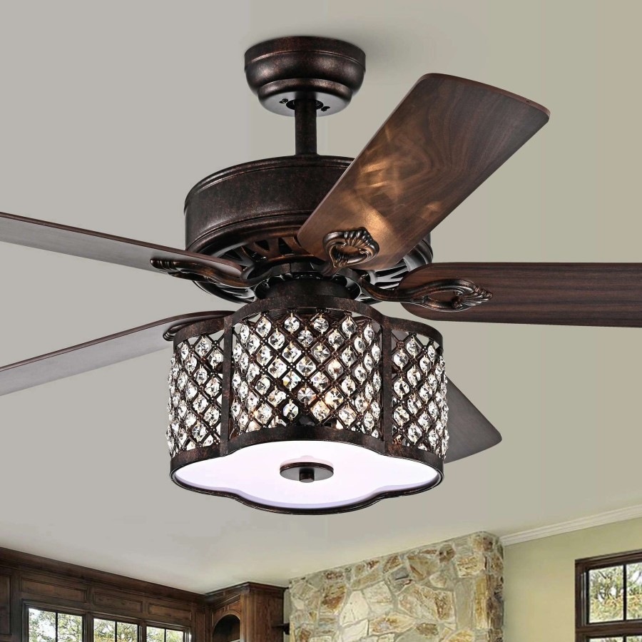 Lighting & Ceiling Fans * | Deals Gracewood Hollow Inouye 52-Inch Rustic Bronze Ceiling Fan With 5-Light Caged Crystal Drum Shade