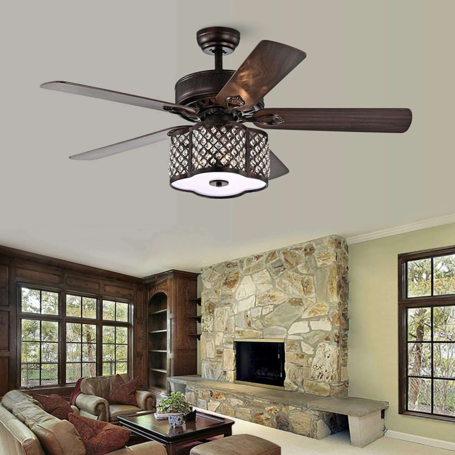 Lighting & Ceiling Fans * | Deals Gracewood Hollow Inouye 52-Inch Rustic Bronze Ceiling Fan With 5-Light Caged Crystal Drum Shade