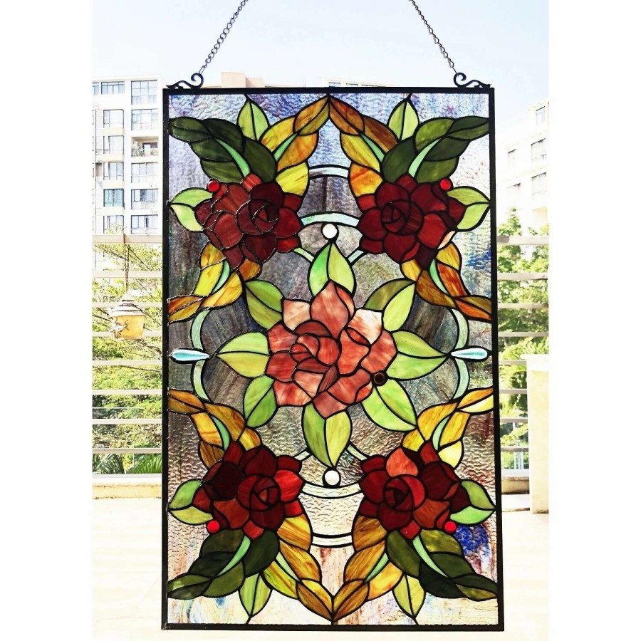 Home Goods * | Discount Gracewood Hollow Brugge Glass Window Panel/Suncatcher With Floral Embellishments