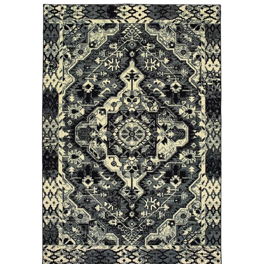 Home Goods * | Hot Sale Gracewood Hollow Moss Medallion Black/ Ivory Micro Fiber Rug Black/Cream