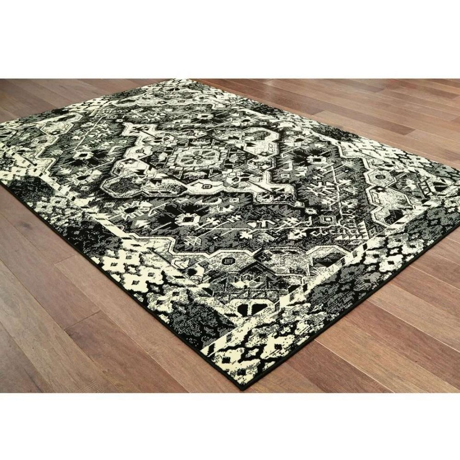 Home Goods * | Hot Sale Gracewood Hollow Moss Medallion Black/ Ivory Micro Fiber Rug Black/Cream