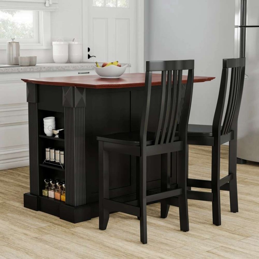 Home Goods * | Deals Gracewood Hollow Kenny Black Drop Leaf Breakfast Bar Kitchen Island With 24-Inch Black School House Stools