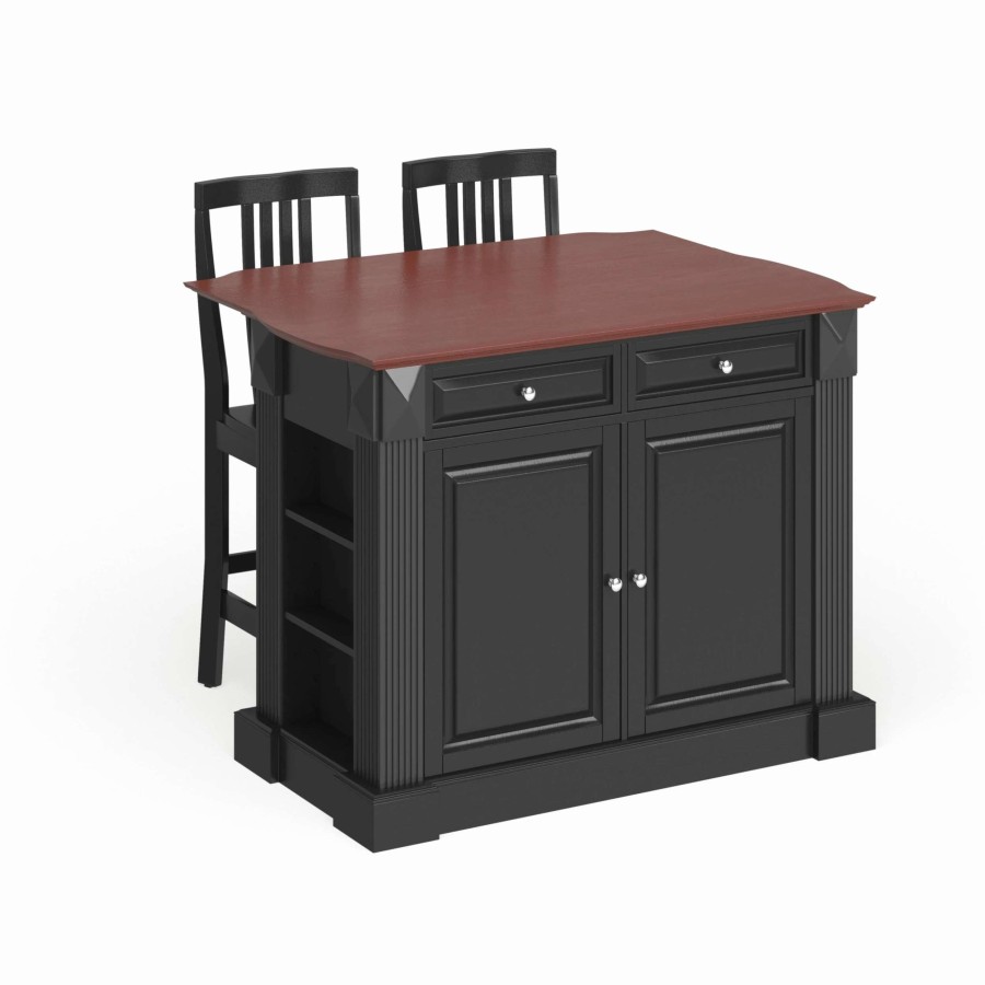 Home Goods * | Deals Gracewood Hollow Kenny Black Drop Leaf Breakfast Bar Kitchen Island With 24-Inch Black School House Stools