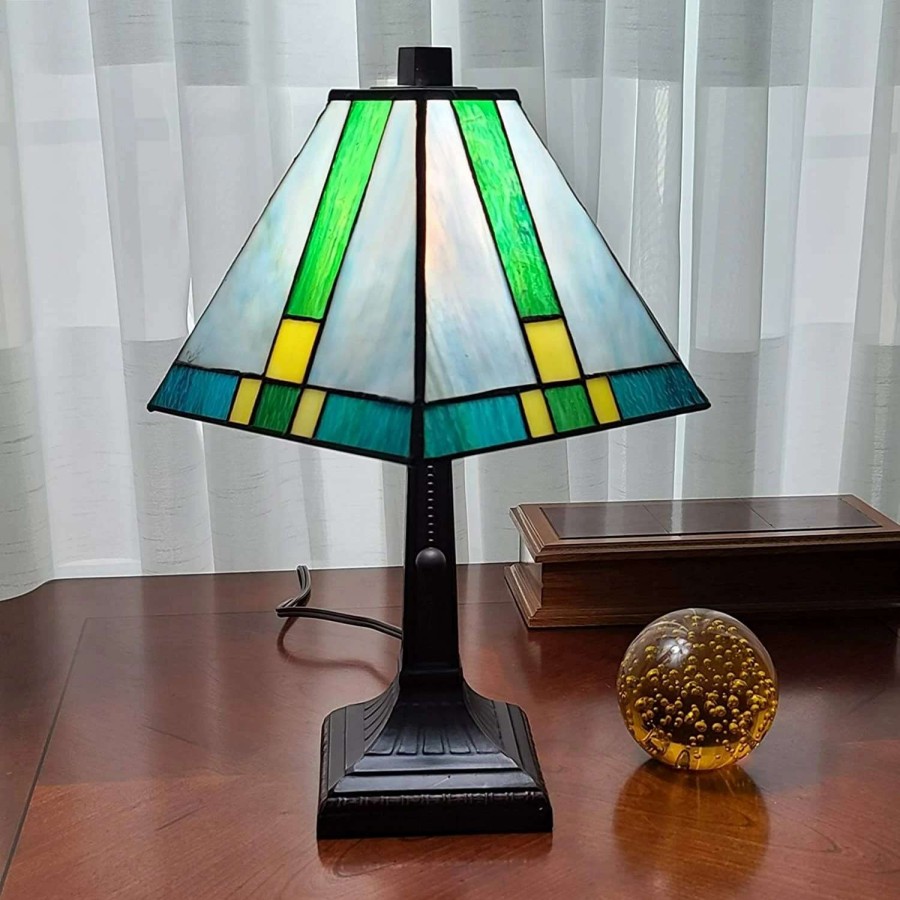 Lighting & Ceiling Fans * | Cheapest Gracewood Hollow Okja 14.5-Inch Tiffany-Style Banker Lamp With Blue/Green/Yellow Stained Glass