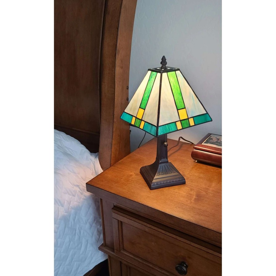 Lighting & Ceiling Fans * | Cheapest Gracewood Hollow Okja 14.5-Inch Tiffany-Style Banker Lamp With Blue/Green/Yellow Stained Glass