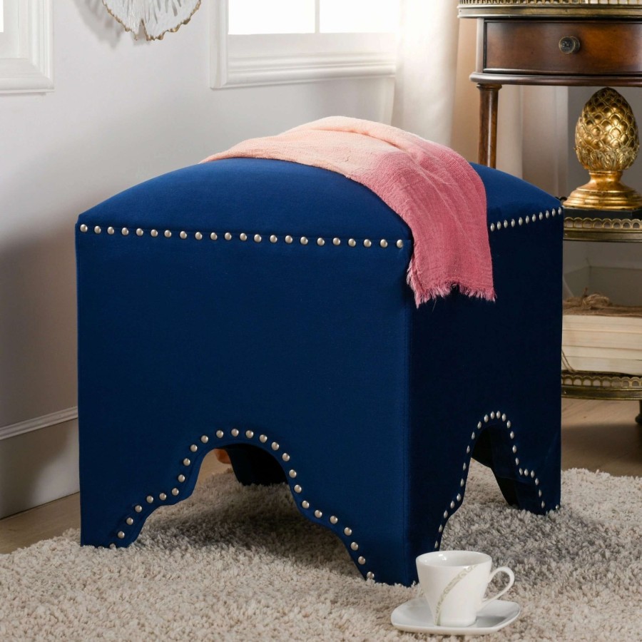 Home Goods * | Deals Gracewood Hollow Desai Art Deco Nailhead Ottoman Legion Blue