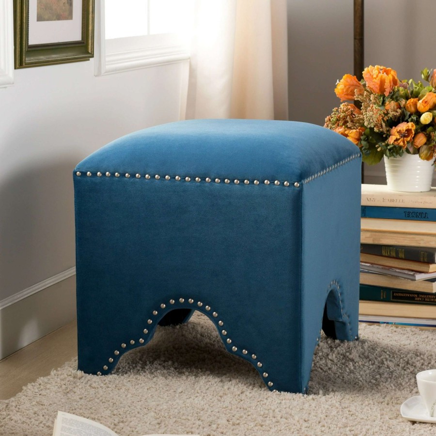 Home Goods * | Deals Gracewood Hollow Desai Art Deco Nailhead Ottoman Legion Blue