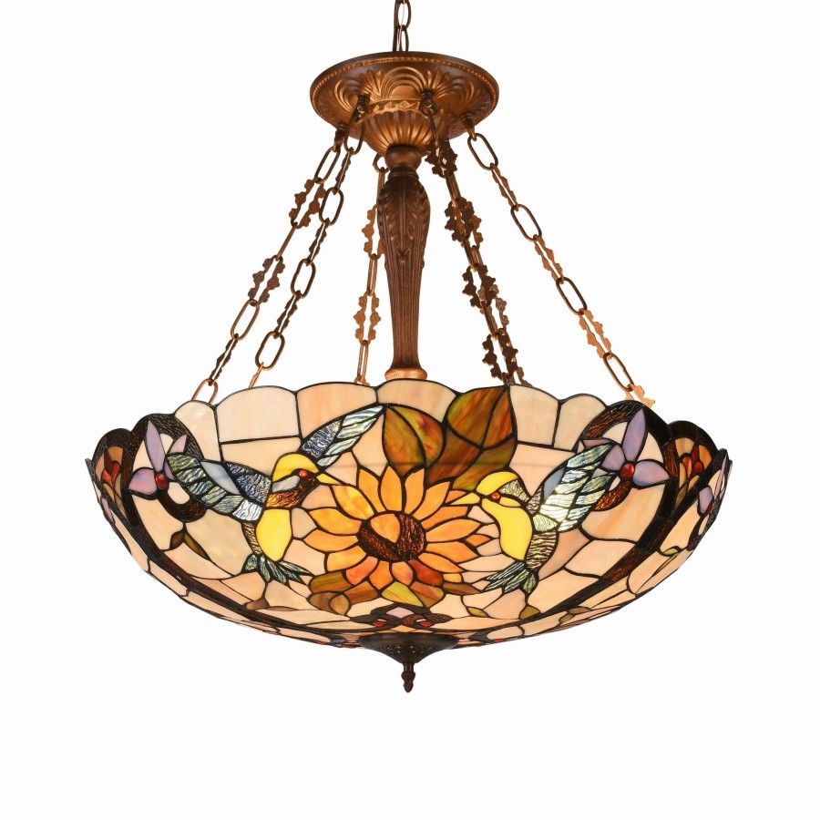 Lighting & Ceiling Fans * | Budget Gracewood Hollow Bongo 4-Light Antique Dark Bronze Inverted Pendant With Multicolored Stained Glass Animal Shade