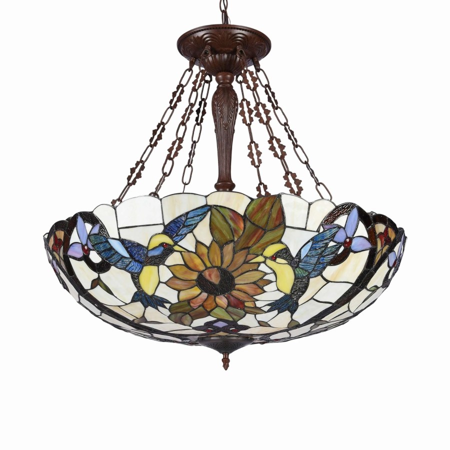 Lighting & Ceiling Fans * | Budget Gracewood Hollow Bongo 4-Light Antique Dark Bronze Inverted Pendant With Multicolored Stained Glass Animal Shade