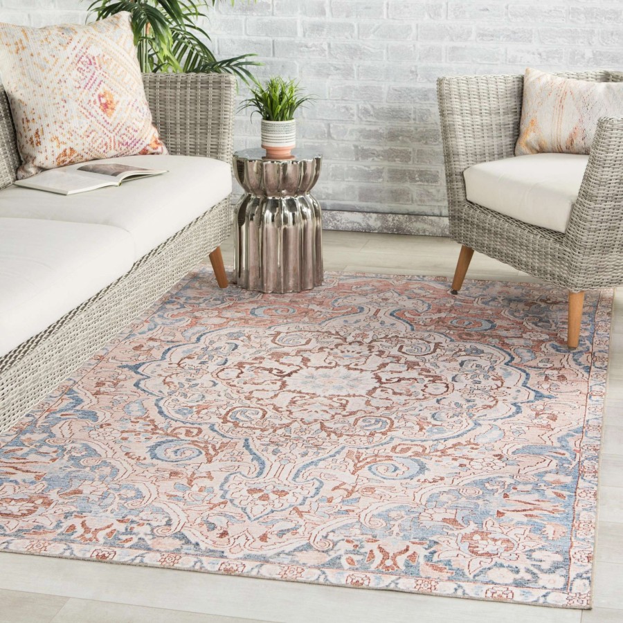 Home Goods * | Hot Sale Gracewood Hollow Dadzie Indoor/Outdoor Blue And Light Pink Medallion Area Rug