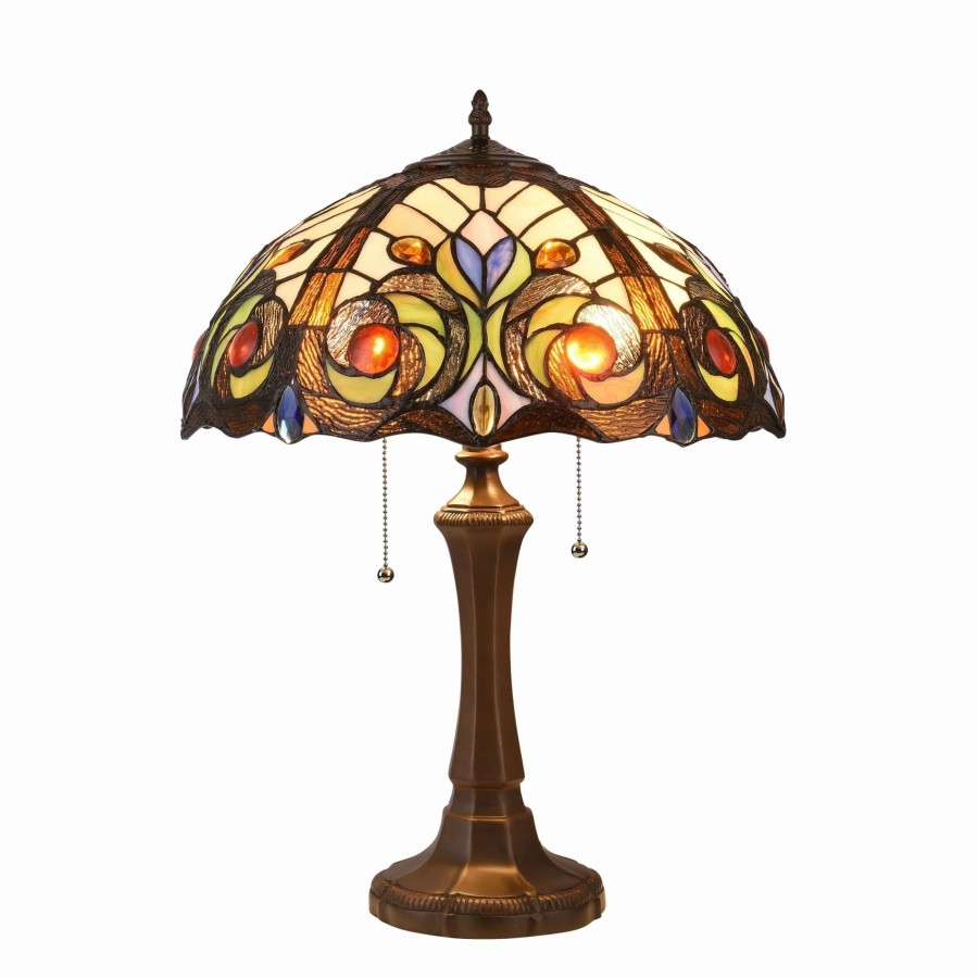 Lighting & Ceiling Fans * | Best Deal Gracewood Hollow Kabamba 2-Light Dark Bronze Table Lamp With Stained Glass Dome Shade