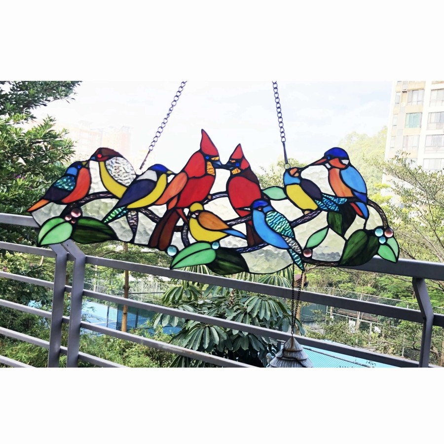 Home Goods * | Deals Gracewood Hollow Berssen Glass Window Panel/Suncatcher With Cute Birds