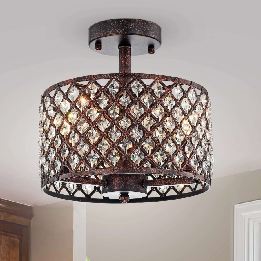 Lighting & Ceiling Fans * | New Gracewood Hollow Kang Rustic Bronze 3-Light Semi-Flush Mount With Crystal Drum Shade Accents