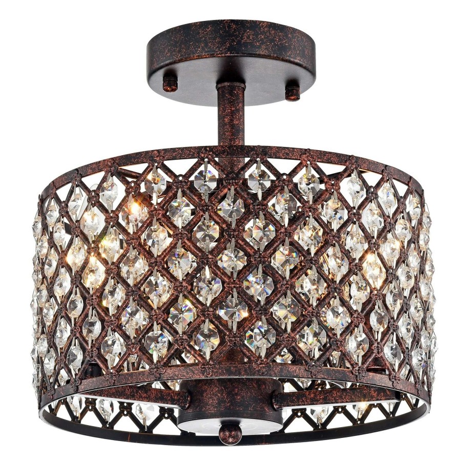 Lighting & Ceiling Fans * | New Gracewood Hollow Kang Rustic Bronze 3-Light Semi-Flush Mount With Crystal Drum Shade Accents