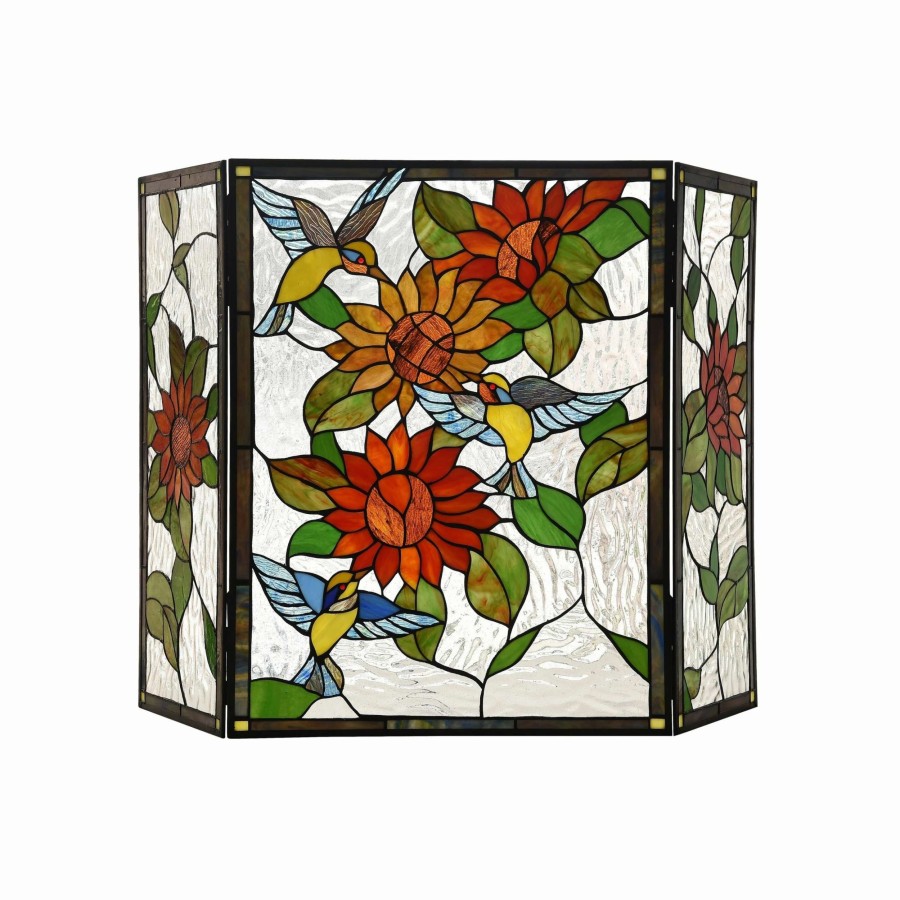 Home Goods * | Best Reviews Of Gracewood Hollow Tsibinda Tiffany-Style Floral Stained Glass 3-Panel Fireplace Screen