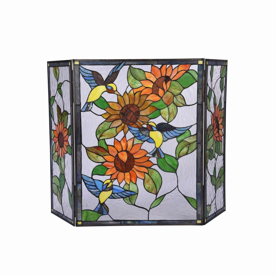 Home Goods * | Best Reviews Of Gracewood Hollow Tsibinda Tiffany-Style Floral Stained Glass 3-Panel Fireplace Screen